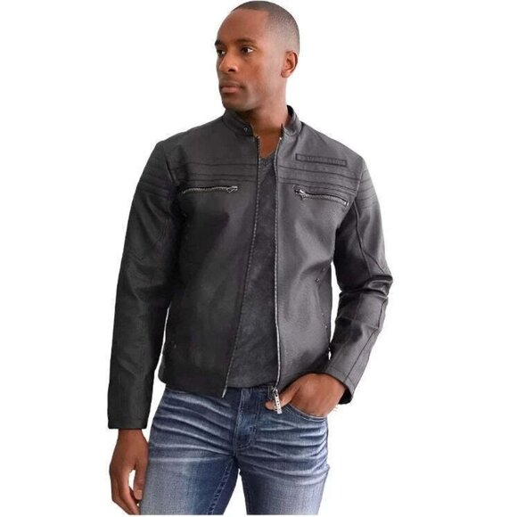 Affliction Exploratory Men's Size Large Black Faux Leather Studded Moto Jacket - Picture 1 of 15